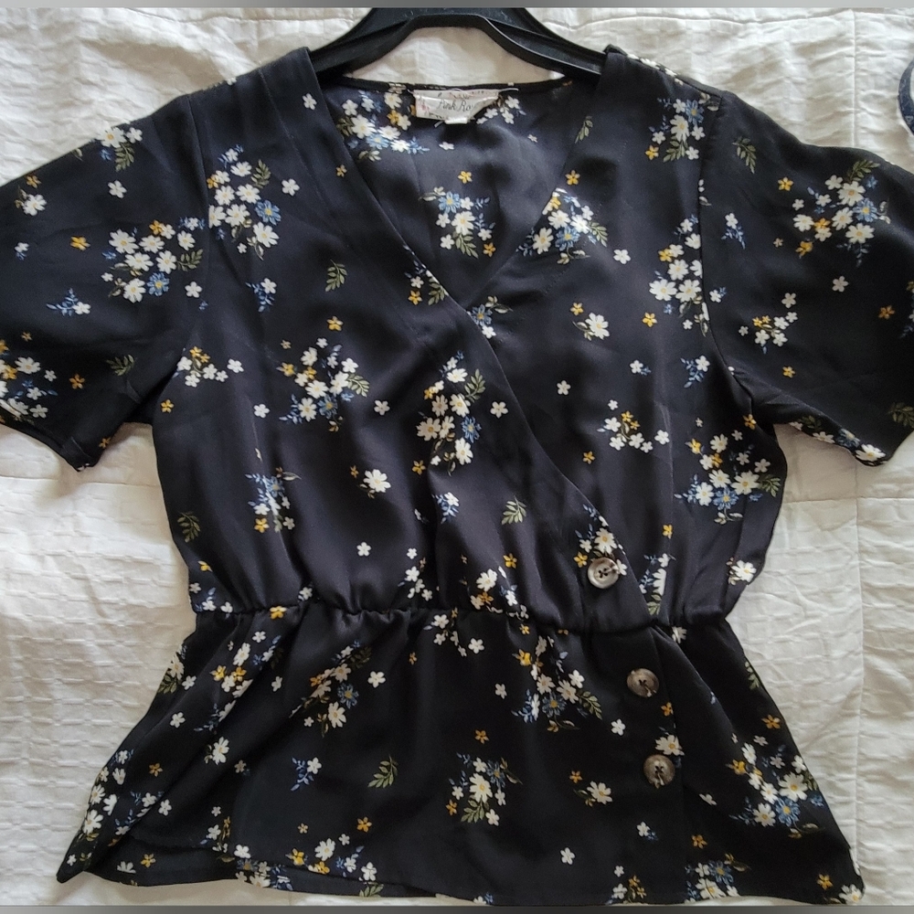 Black Floral Wrap Top